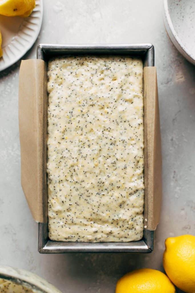 lemon poppy seed batter poured into a loaf pan