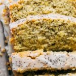 close up on slices of lemon poppy seed bread