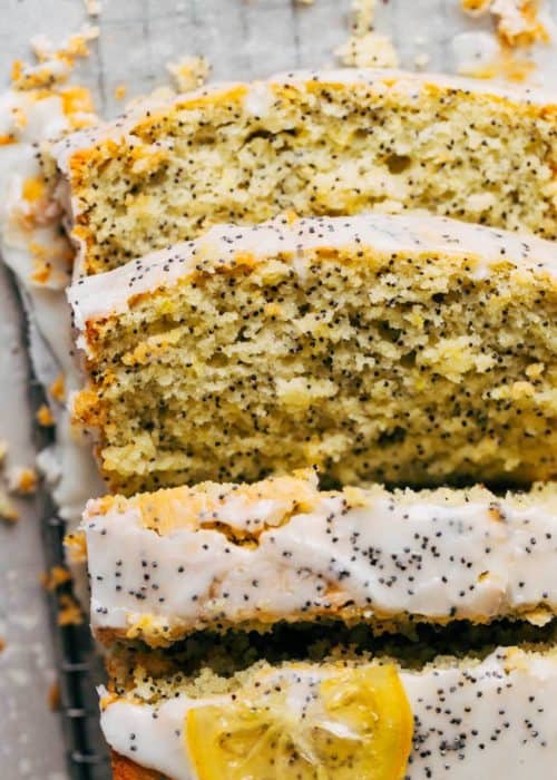 close up on slices of lemon poppy seed bread