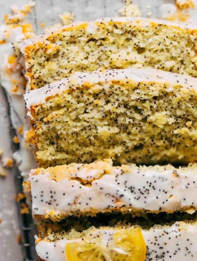 close up on slices of lemon poppy seed bread