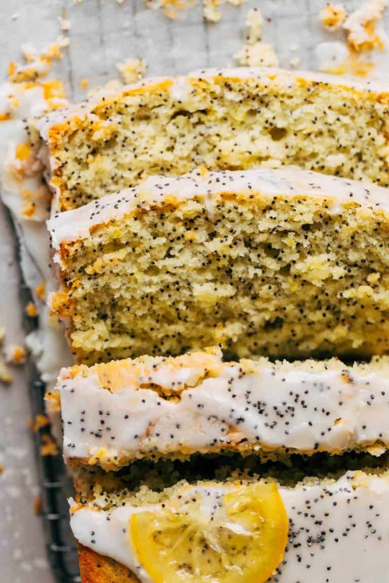 close up on slices of lemon poppy seed bread