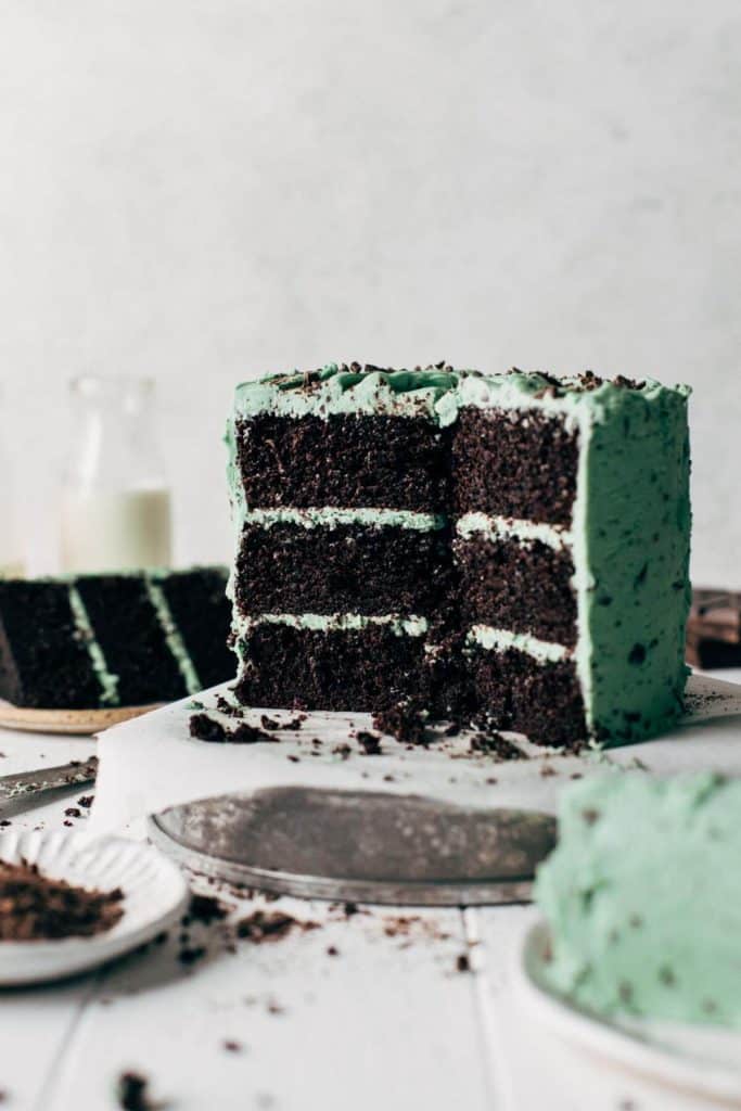 the inside of a sliced mint chocolate layer cake