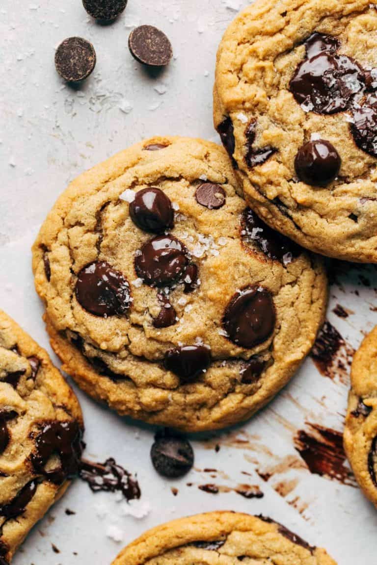 close up on the top of a freshly baked vegan chocolate chip cookies