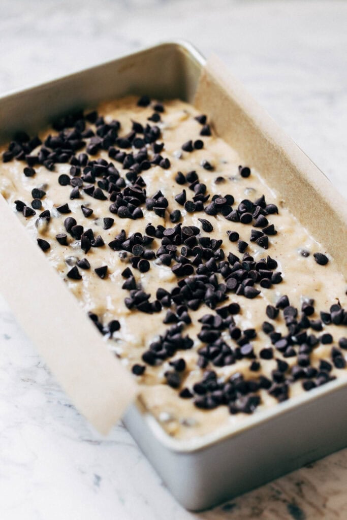 process shot of chocolate chip banana bread batter in pan