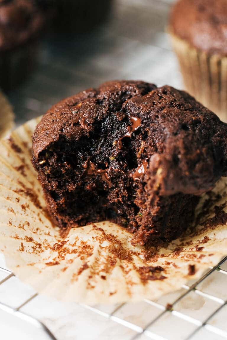 close up on a chocolate zucchini muffin bite
