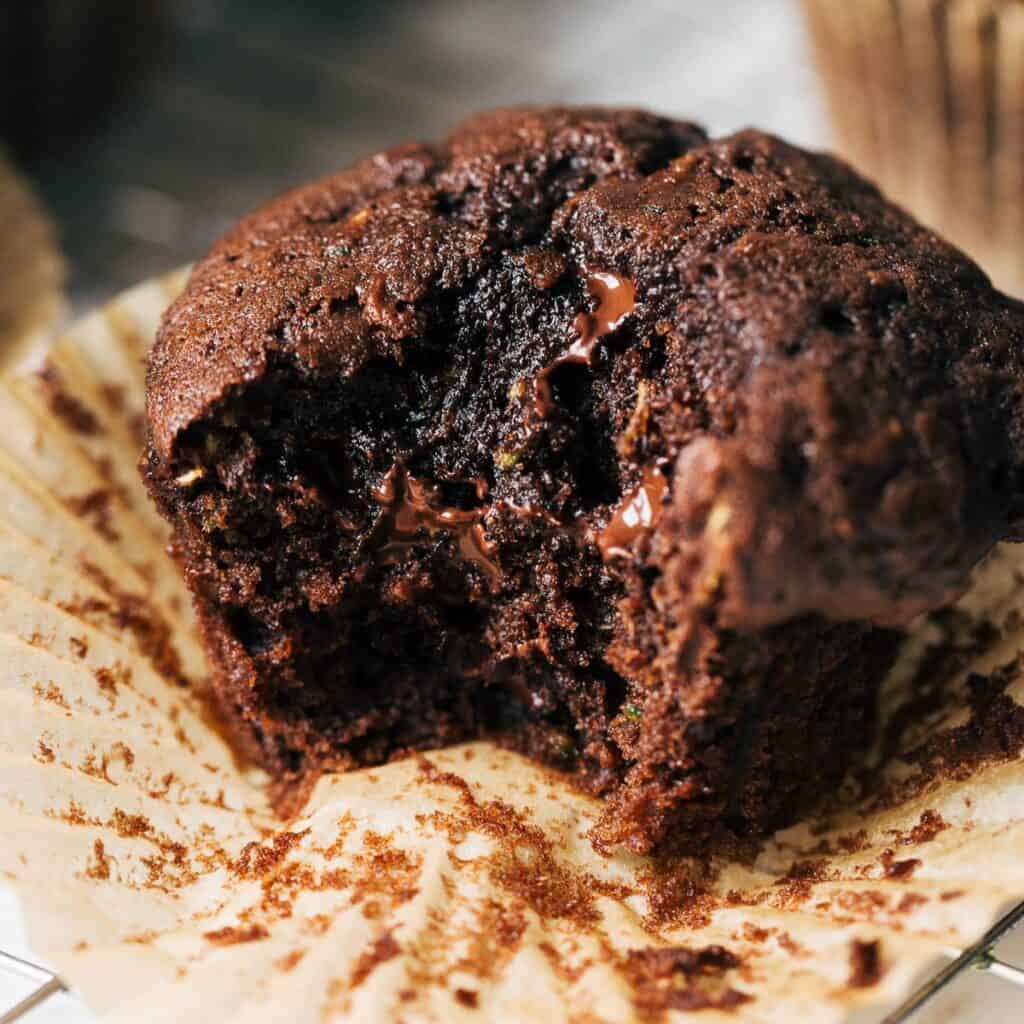 close up on a chocolate zucchini muffin bite