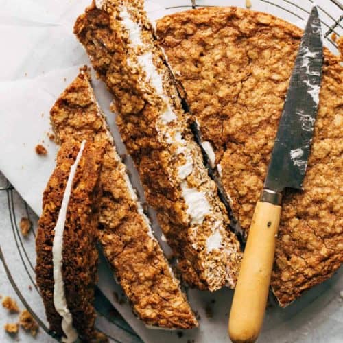 the top of a giant oatmeal cream pie cut into slices