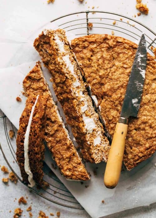 the top of a giant oatmeal cream pie cut into slices