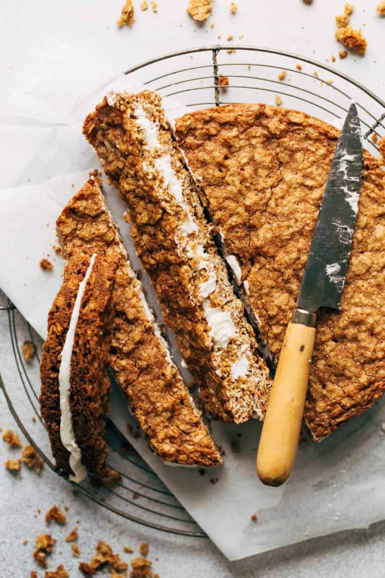 the top of a giant oatmeal cream pie cut into slices