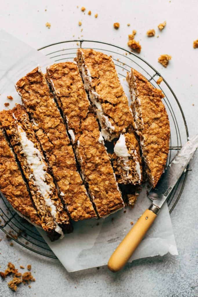 a giant 8 inch oatmeal cream pie cut into slices