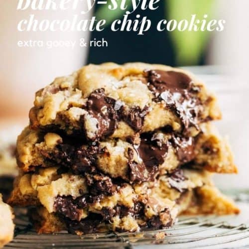 a stack of warm and melty chocolate chip cookies