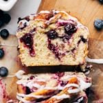 close up on a slice of blueberry babka