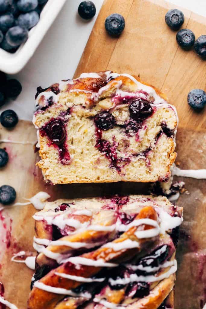 close up on a slice of blueberry babka