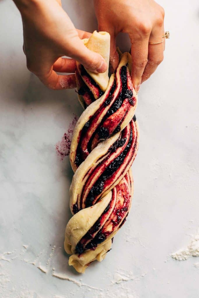 forming a blueberry babka loaf