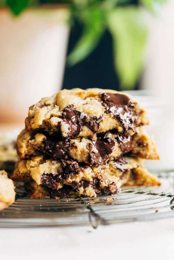 a stack of warm and melty chocolate chip cookies