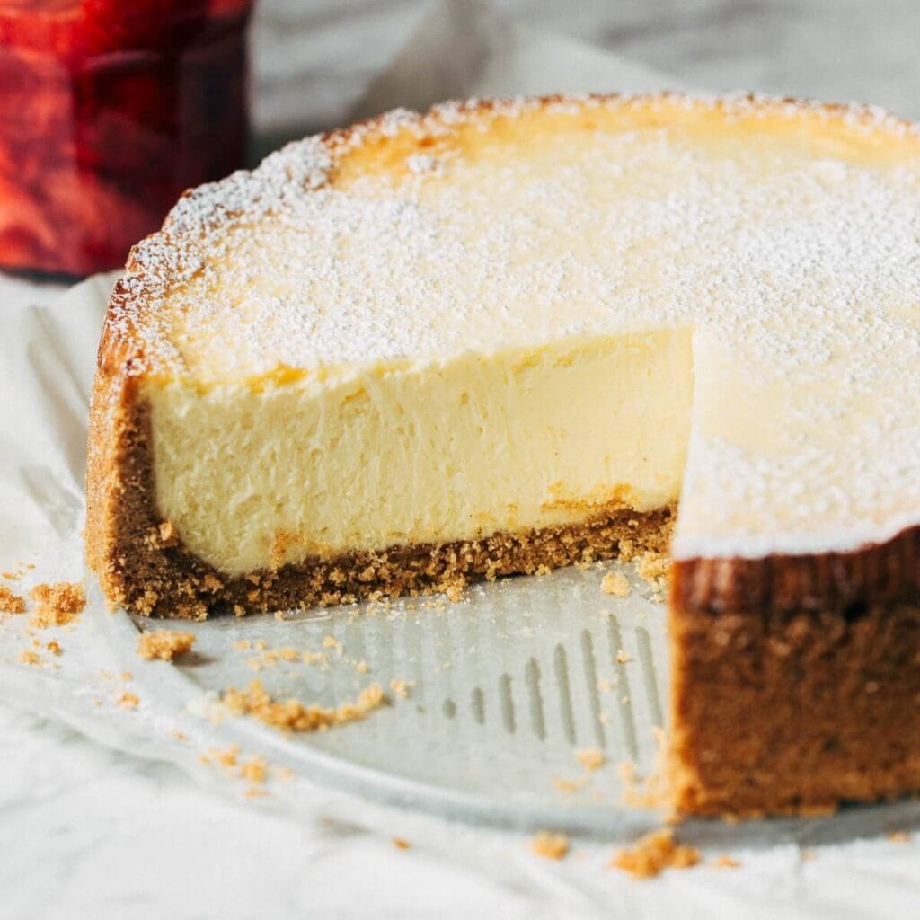 inside a sliced new york style cheesecake