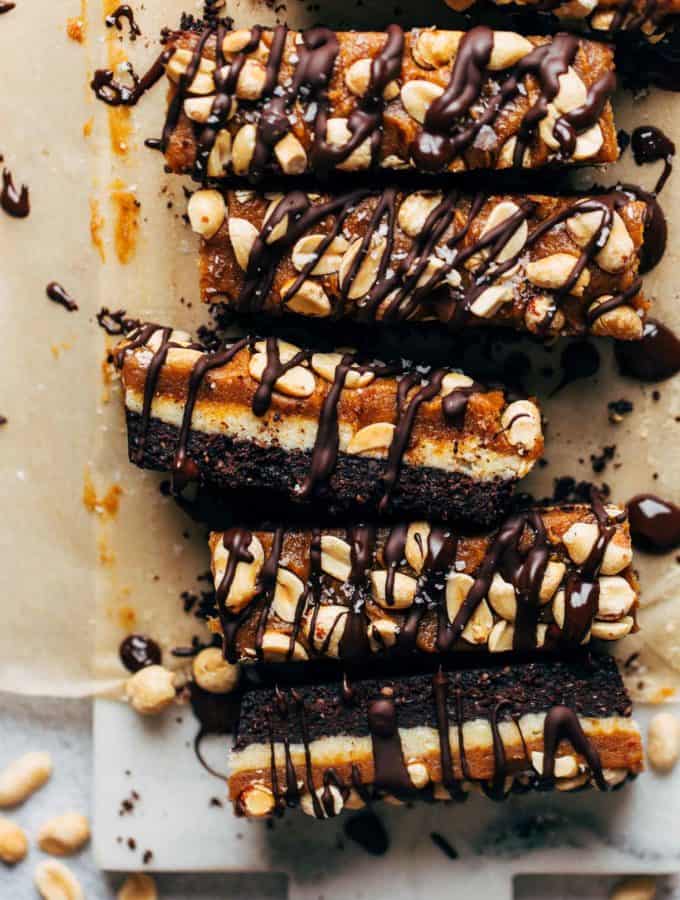 vegan snickers bars sliced and layer on their side