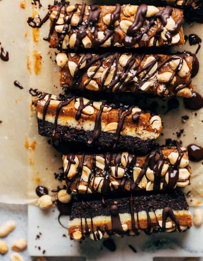 vegan snickers bars sliced and layer on their side