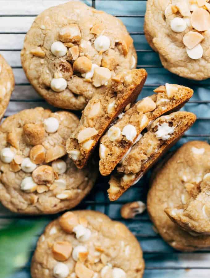 close up on the texture of white chocolate macadamia nut cookies