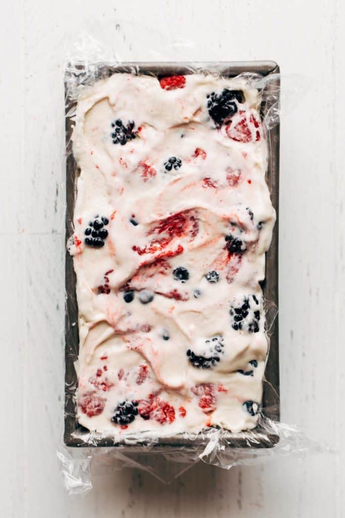 vegan vanilla ice cream and berries swirled together