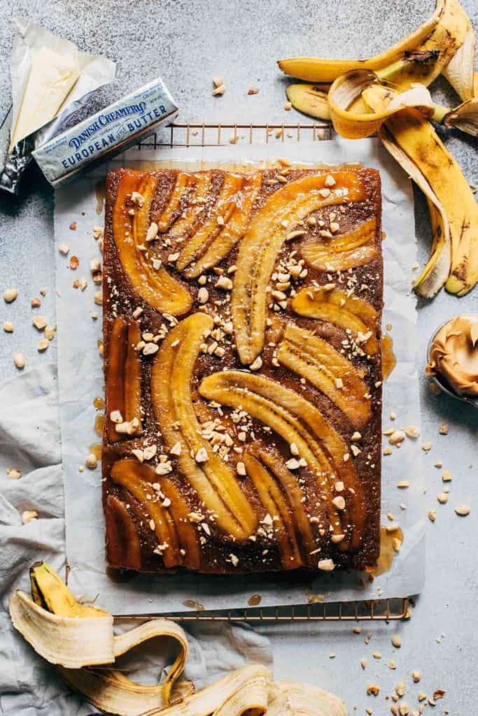 peanut butter sheet cake topped with banana slices