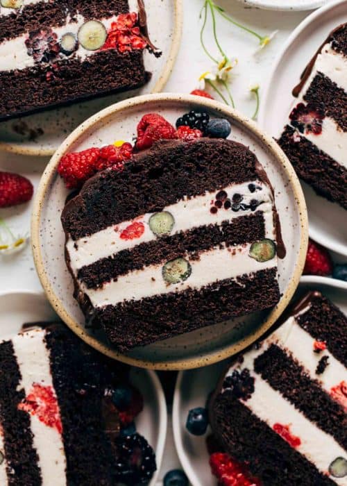 close up on a slice of vegan ice cream cake