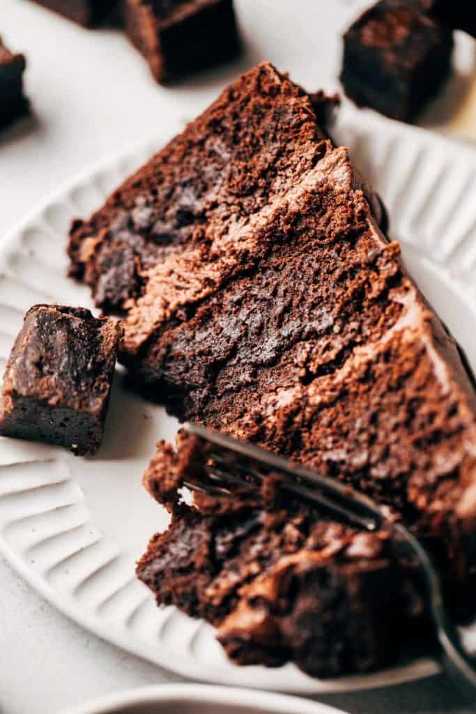 close up on the texture of a fudgy slice of brownie cake