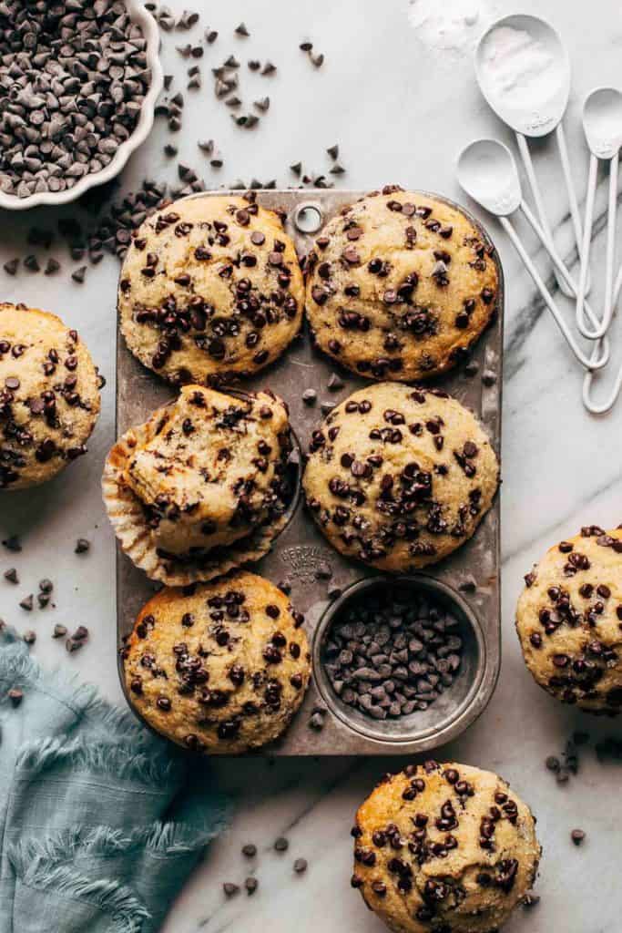 chocolate chip muffins in a muffin tin
