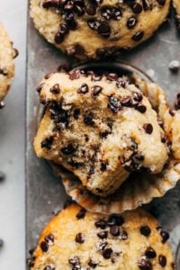 close up on a bite of a chocolate chip muffin