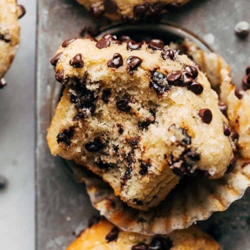 close up on a bite of a chocolate chip muffin