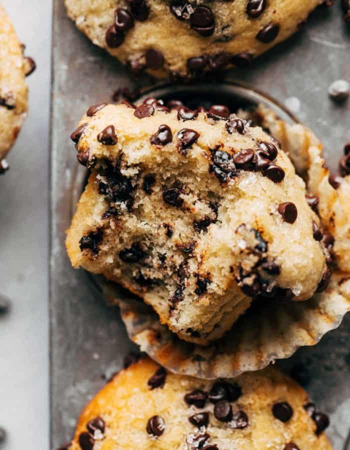 close up on a bite of a chocolate chip muffin