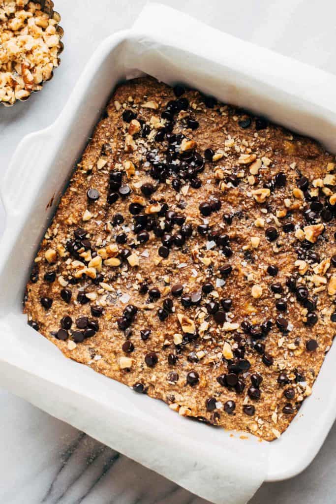 banana bread bars freshly baked in a square baking dish