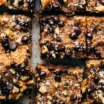 close up on the top of sliced banana bread bars