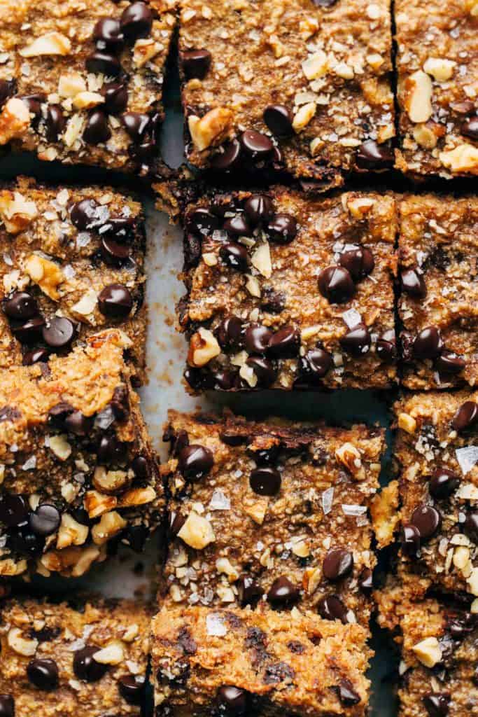 close up on the top of sliced banana bread bars