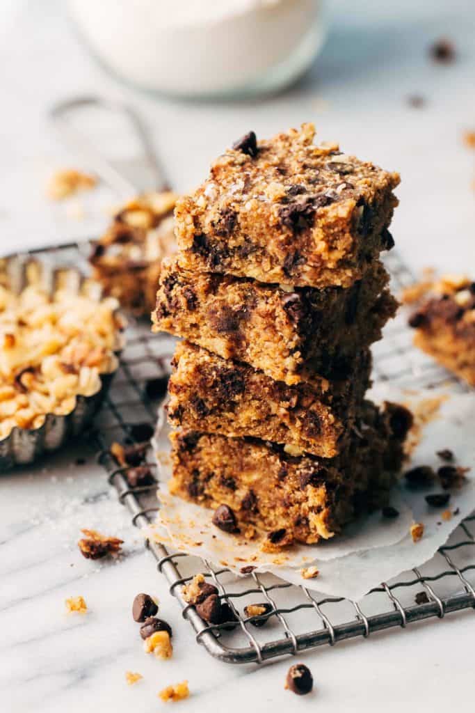 a stack of soft banana bread bars