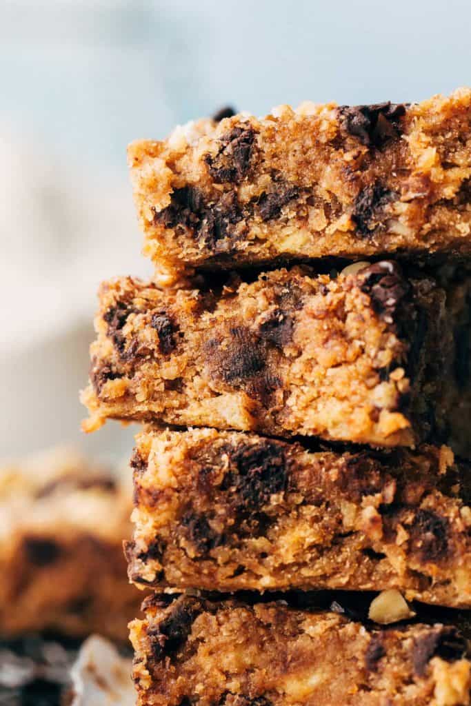 close up on a stack of banana bread bars