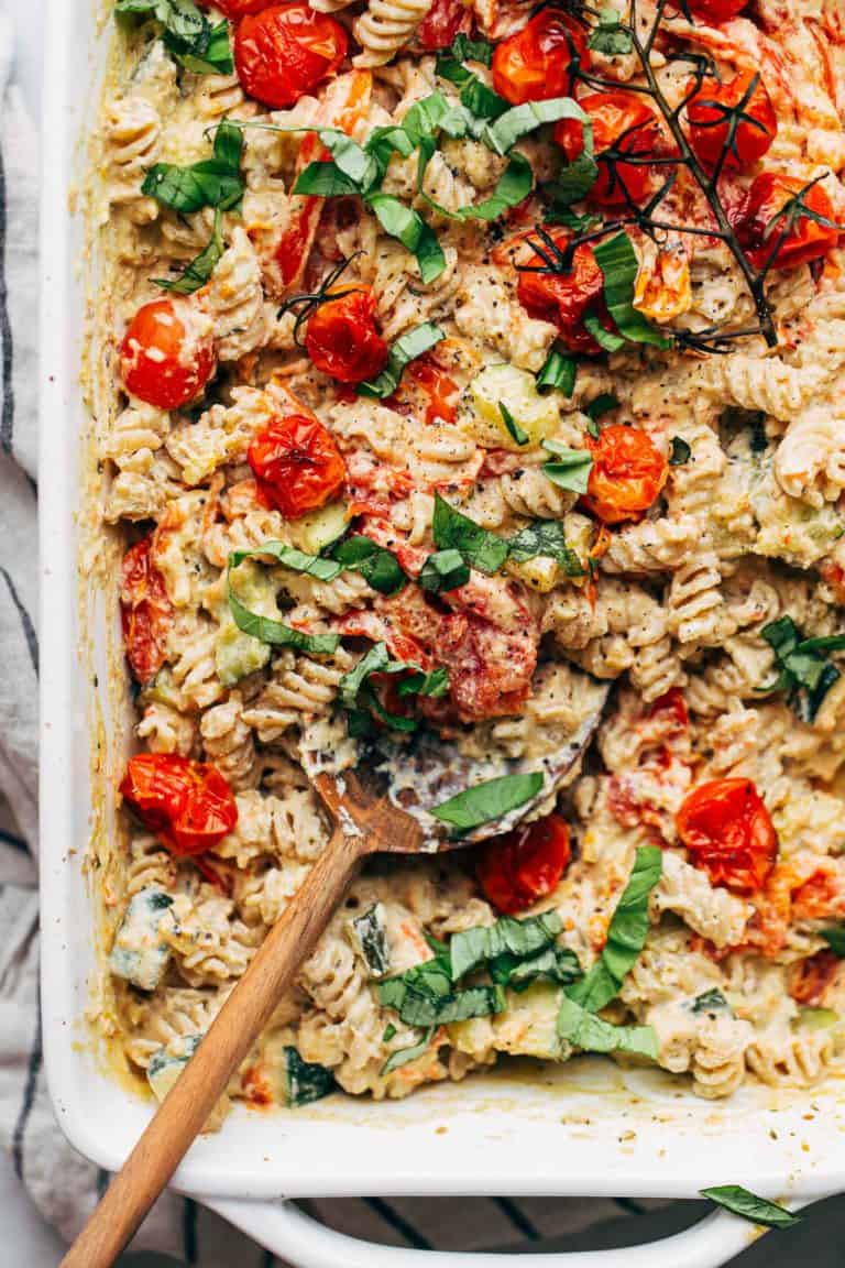 close up on a creamy vegan pasta bake