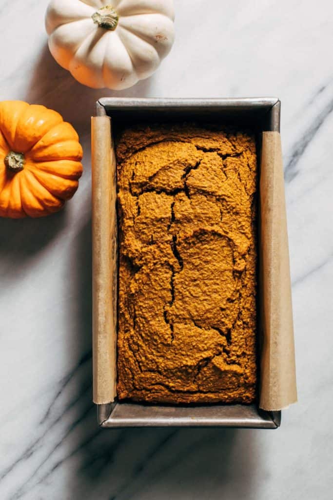 healthy pumpkin bread baked in a loaf pan