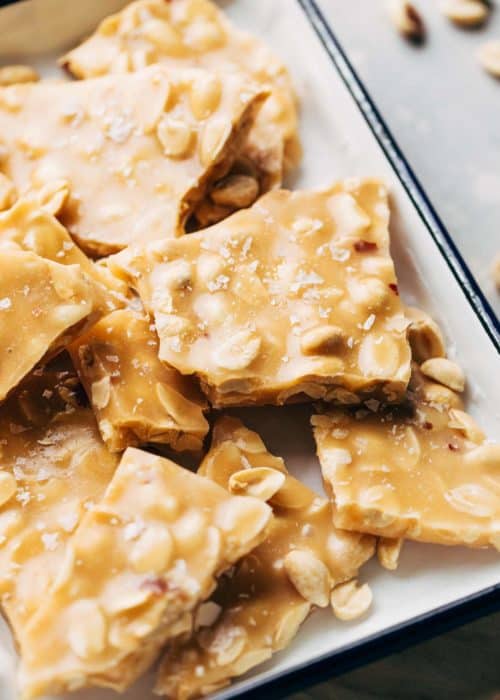 close up on the tops of peanut brittle pieces