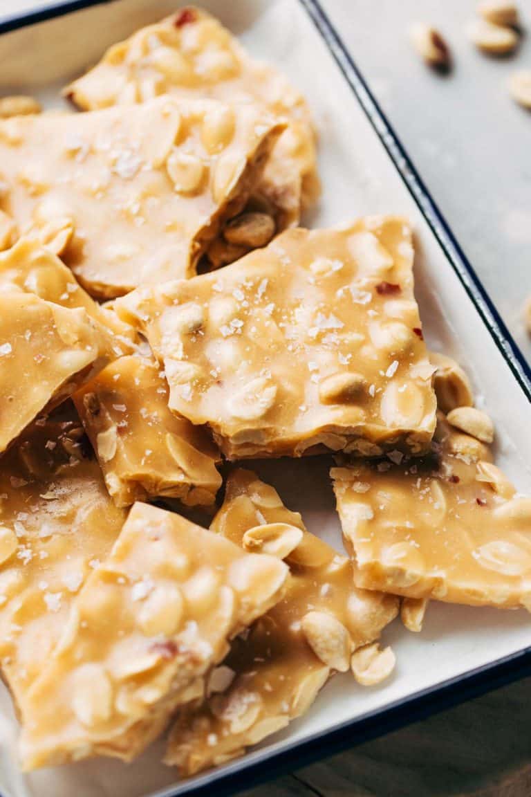 close up on the tops of peanut brittle pieces