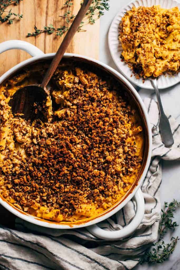 butternut squash mac and cheese in a baking dish