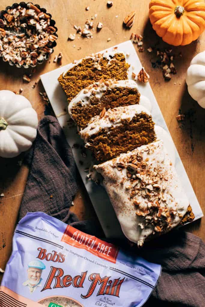 pumpkin bread on a marble platter