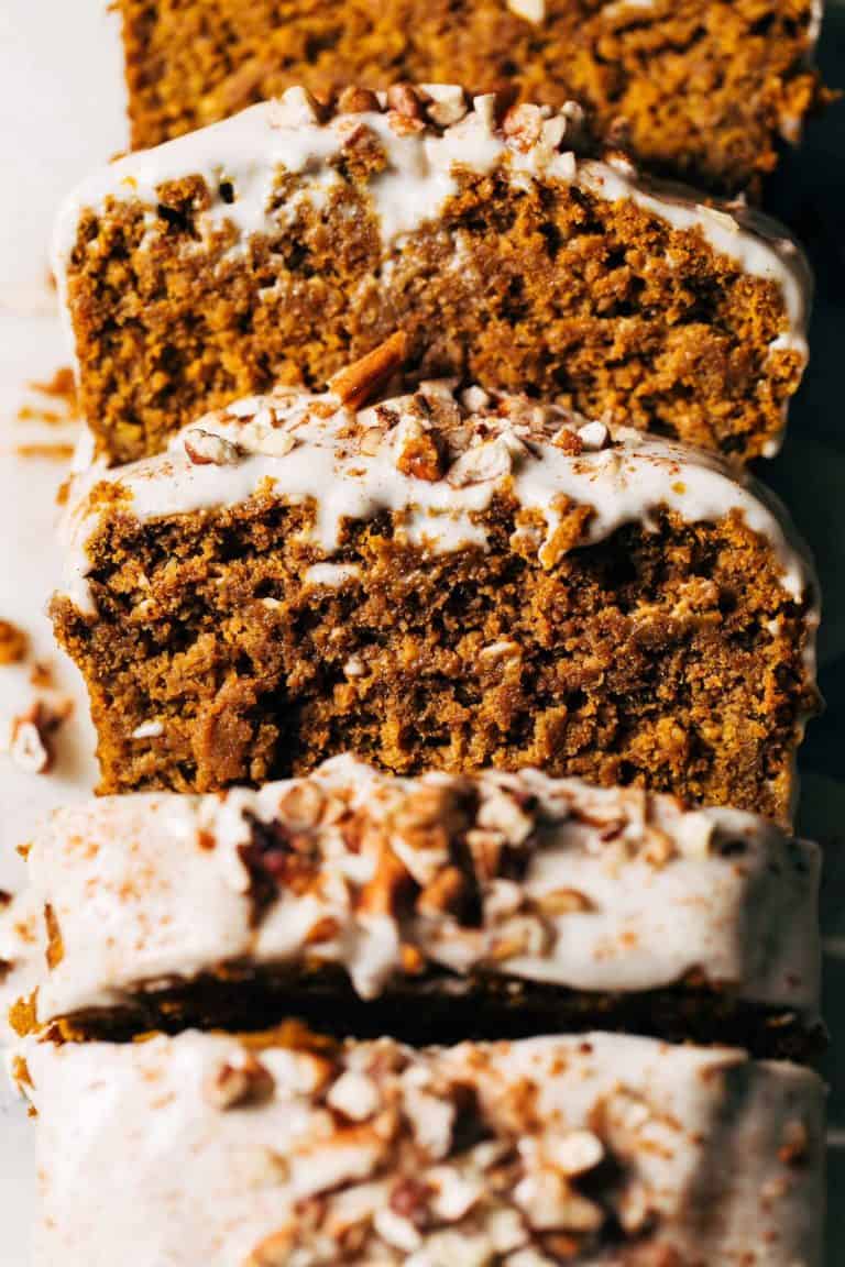 close up on the texture of moist pumpkin bread