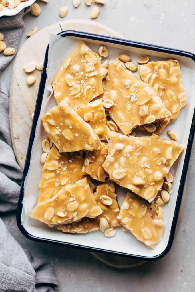 close up on a tray of peanut brittle