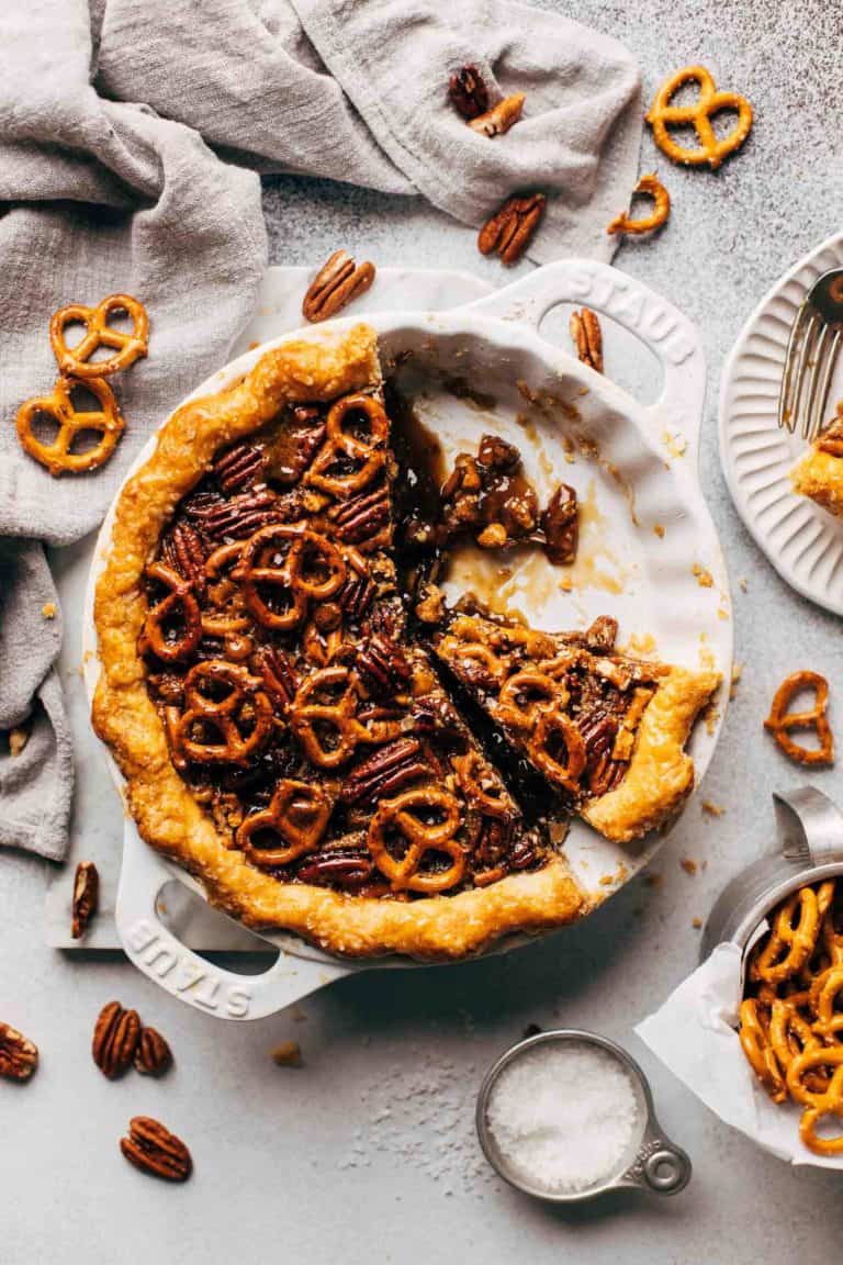 the top of a sliced pretzel pecan pie