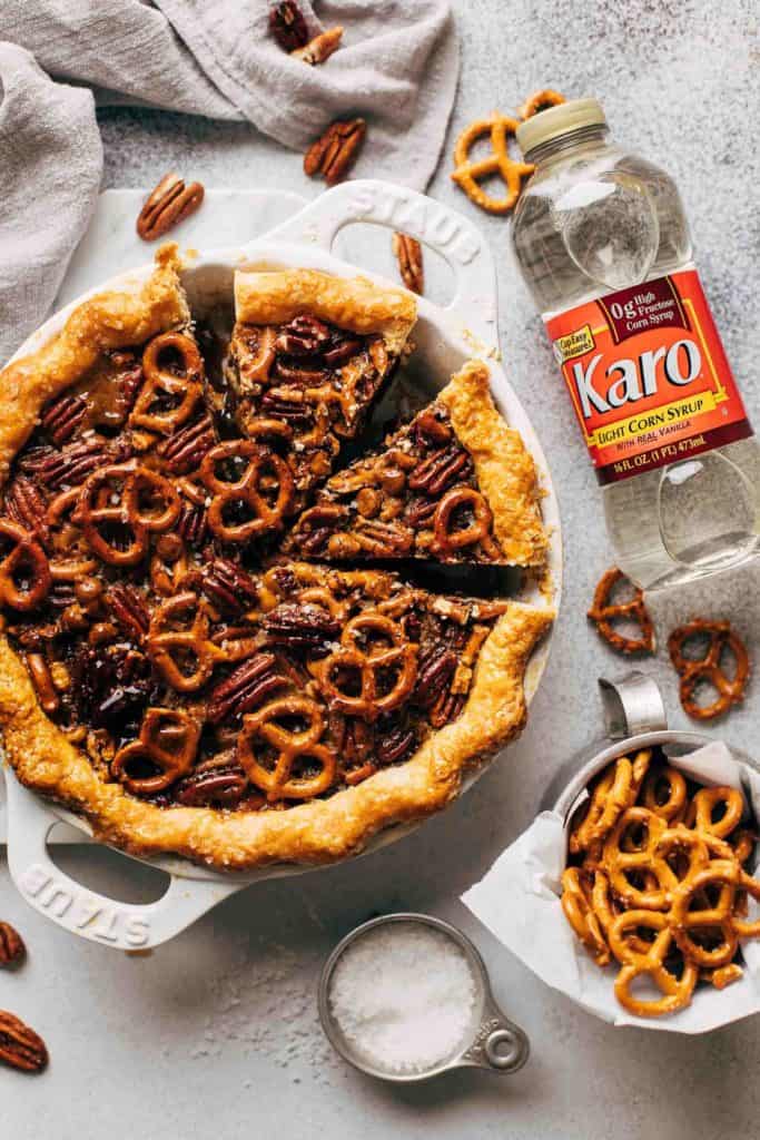 the top of a sliced pretzel pecan pie