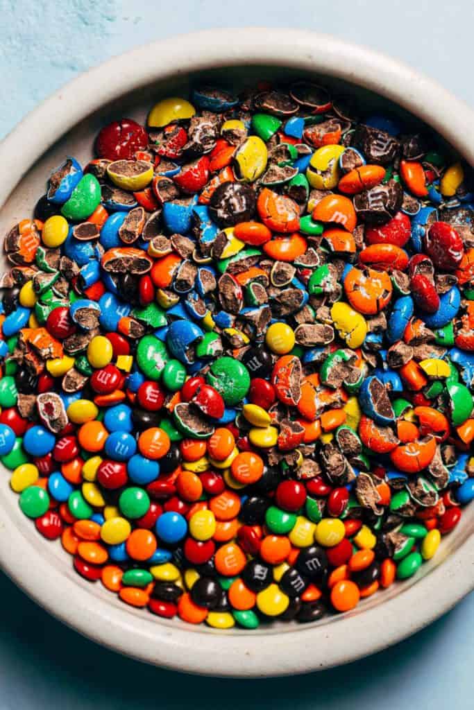 a bowl of mini and crushed m&ms