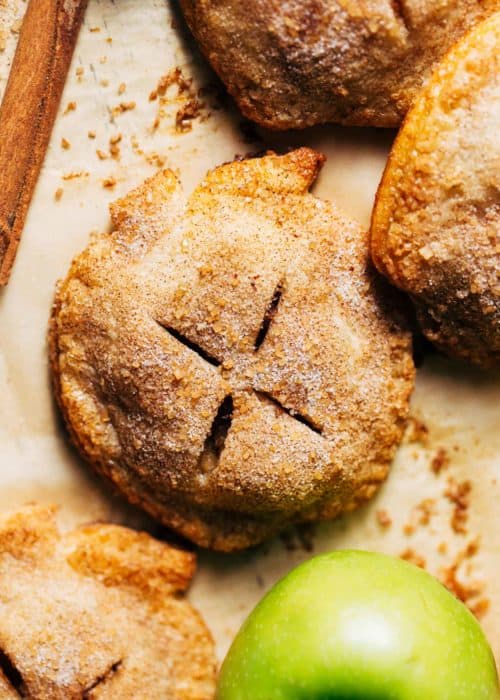 close up on an apple hand pie shaped like an apple