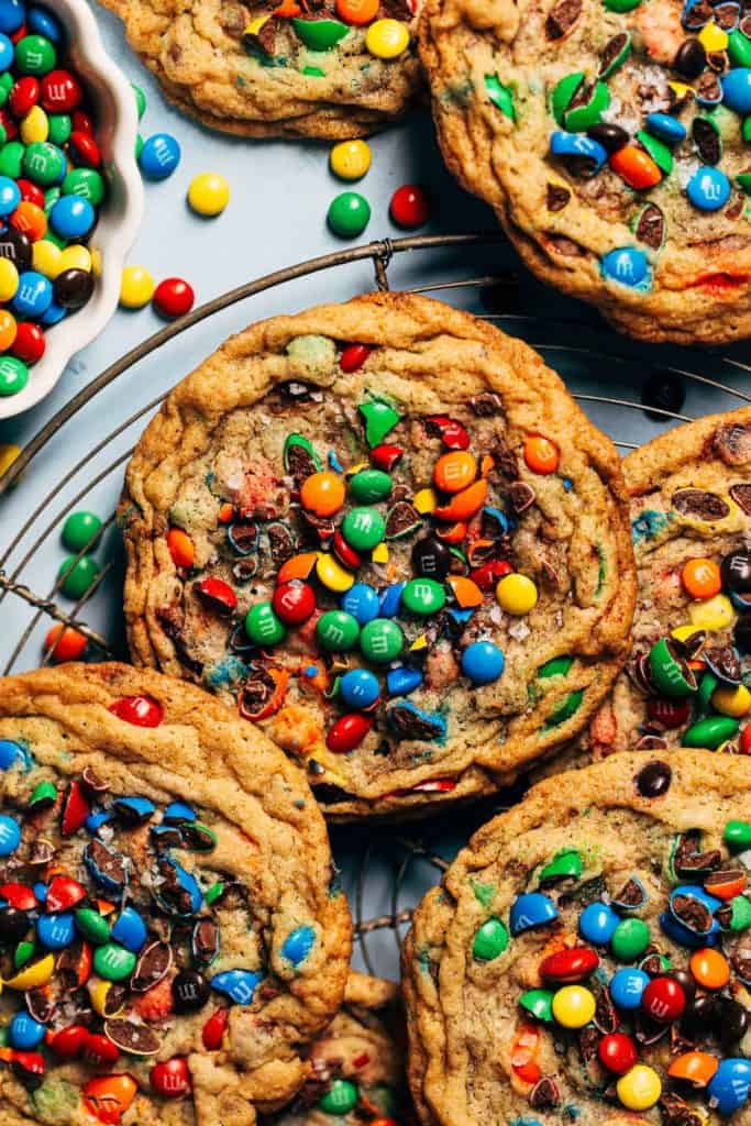 close up on the top of an m&m cookie