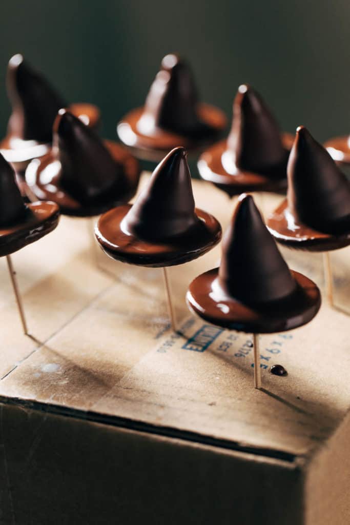 chocolate covered sorting hats on toothpicks